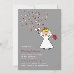 Cartoon Bride Red Hearts Flowers Bridal Shower Invitation