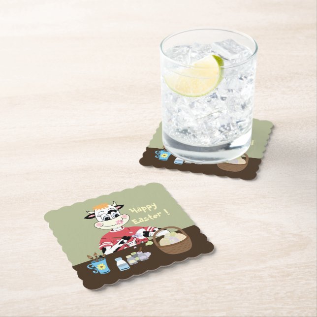 Cartoon brown and green Easter paper coasters (Insitu)