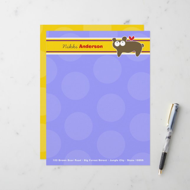 Cartoon Brown Bear Purple Dots Fun Kids Children Personalized Letterhead (Front/Back In Situ)