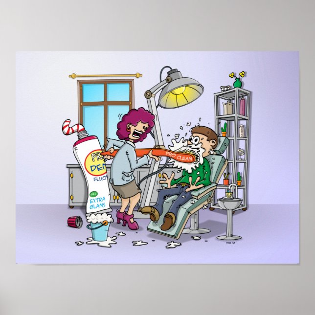 Cartoon; brushing teeth at the mouth hygienist. poster (Front)