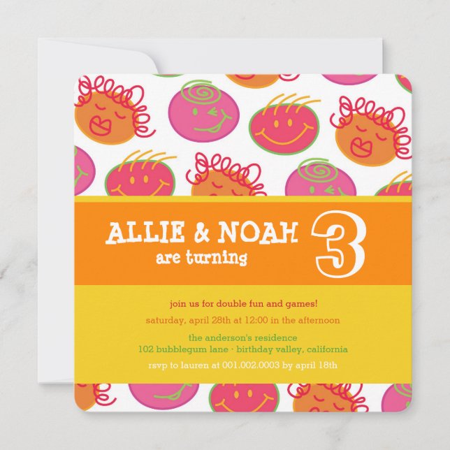 Cartoon Bubblegum Face Twins Birthday Photo Invite (Front)