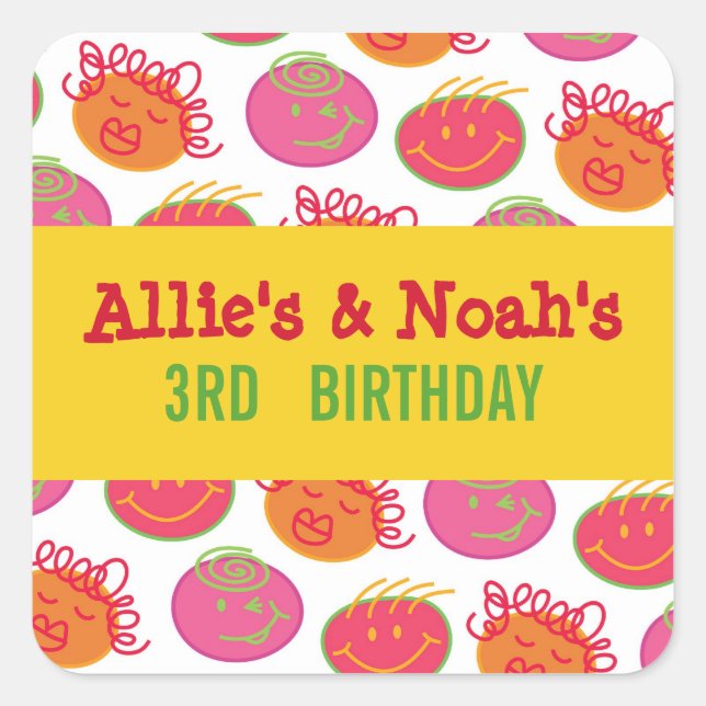 Cartoon Bubblegum Heads Twins Children Party Gift  Square Sticker (Front)
