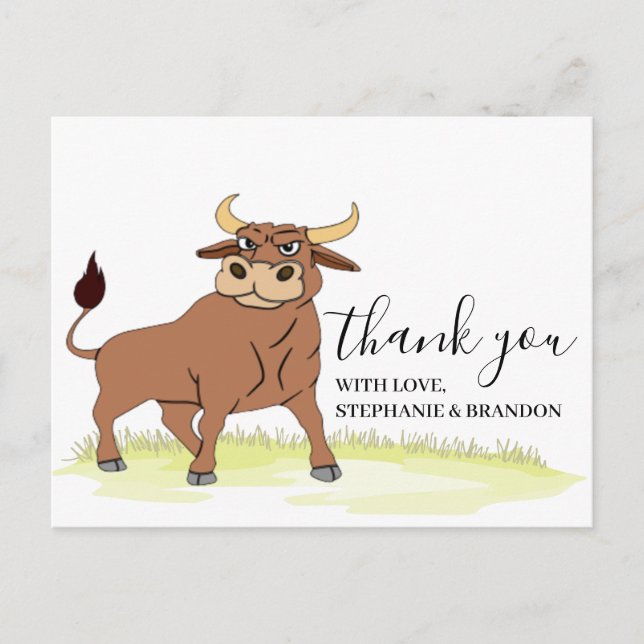 Cartoon Bull Thank You  Card (Front)