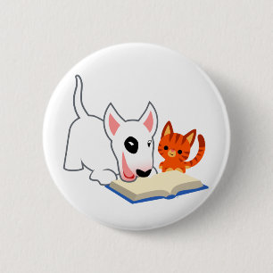 Cartoon Bullie and Kitty with Book Button Badge
