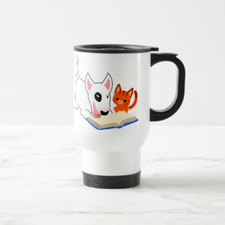 Cartoon Bullie and Kitty with Book Commuter Mug
