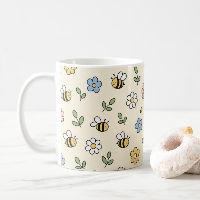 Cartoon Bumble Bee and Flowers Pattern Coffee Mug (With Donut)