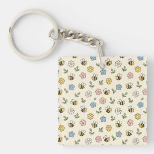 Cartoon Bumble Bee and Flowers Pattern Key Ring