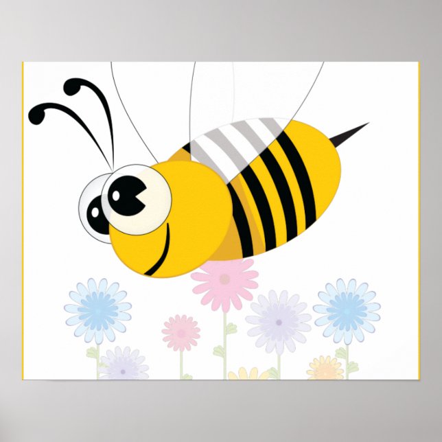 Cartoon Bumble Bee and Flowers Poster (Front)