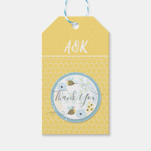 Cartoon bumblebees on a background of blue, yellow gift tags