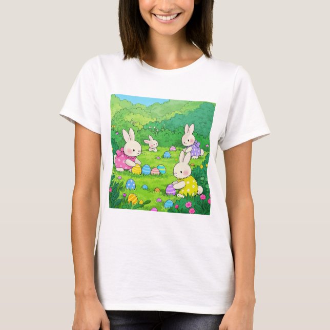 Cartoon Bunnies Easter Eggs T-Shirt (Front)