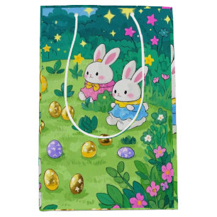 Cartoon bunnies hiding eggs in a garden medium gift bag
