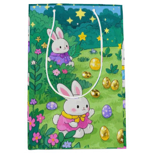 Cartoon bunnies hiding eggs in a garden medium gift bag