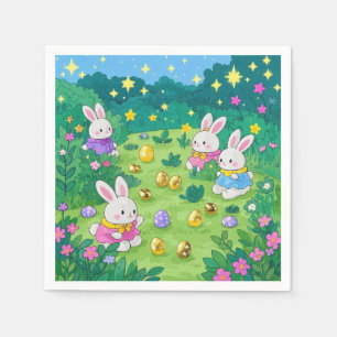 Cartoon bunnies hiding eggs in a garden napkin