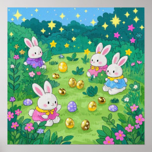Cartoon bunnies hiding eggs in a garden poster