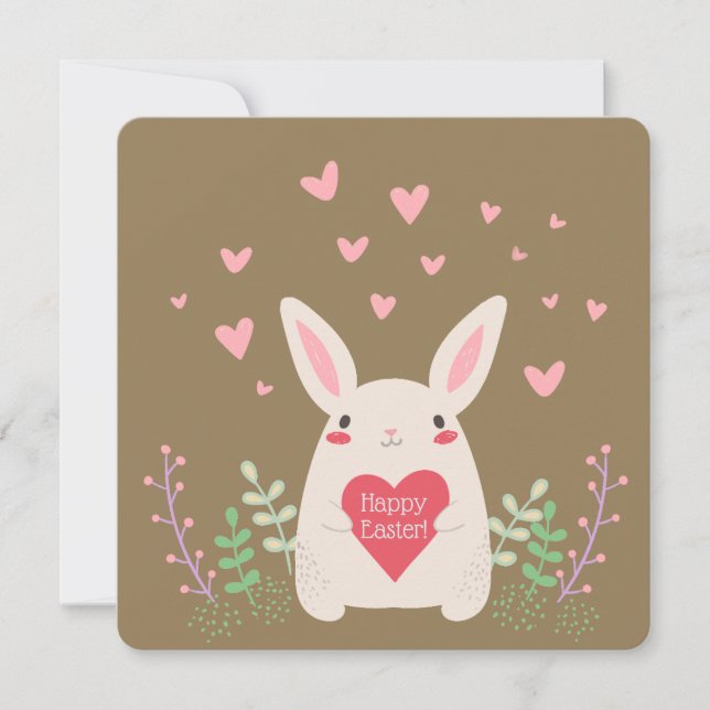 Cartoon Bunny & Hearts Custom 5.25" x 5.25" Holiday Card (Front)