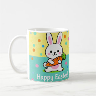 Cartoon bunny holding a carrot polka dots coffee mug