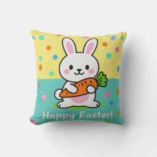 Cartoon bunny holding a carrot polka dots cushion