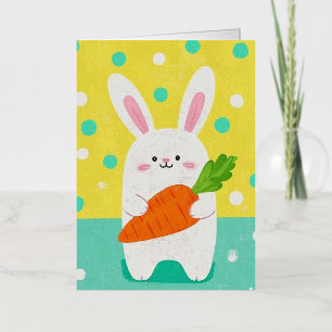 Cartoon bunny holding a carrot, polka dots foil greeting card