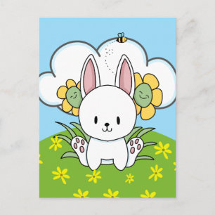 Cartoon Bunny Rabbit And Happy Flowers Postcard