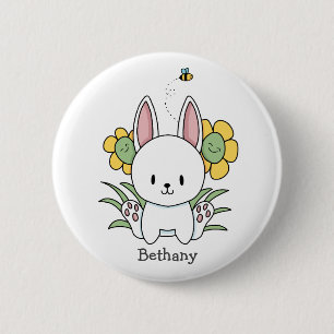 Cartoon Bunny Rabbit With Funny Flowers 6 Cm Round Badge
