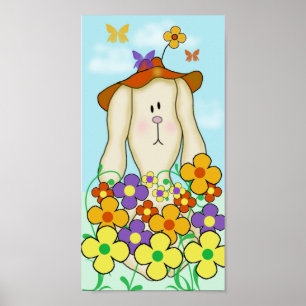 Cartoon Bunny with Flowers Poster