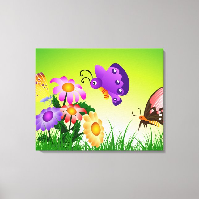 Cartoon Butterflies on Flowers Canvas Print (Front)