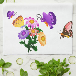 Cartoon Butterfly and Flowers  American MoJo Kitch Tea Towel