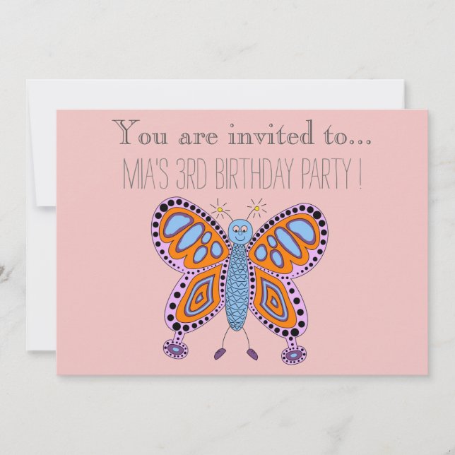 Cartoon butterfly infant or toddler birthday party invitation (Front)