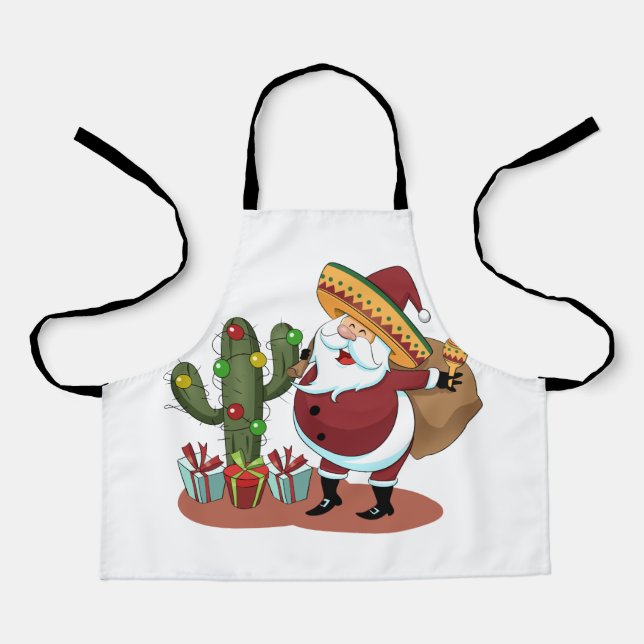 Cartoon cactus and Santa Claus wearing a sombrero Apron (Front)