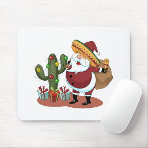 Cartoon cactus and Santa Claus wearing a sombrero Mouse Mat