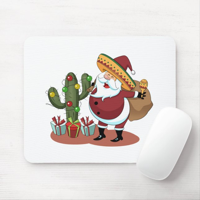 Cartoon cactus and Santa Claus wearing a sombrero Mouse Mat (With Mouse)