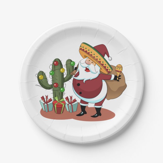 Cartoon cactus and Santa Claus wearing a sombrero Paper Plate (Front)