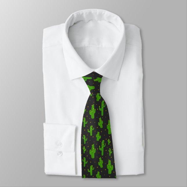 Cartoon Cactus Pattern on Charcoal Grey Tie (Tied)