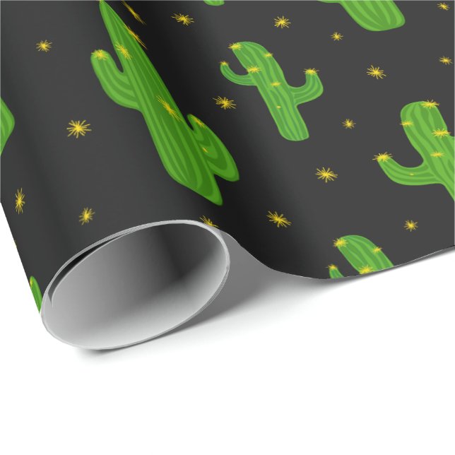 Cartoon Cactus Plants on Black Wrapping Paper (Roll Corner)