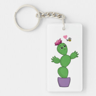 Cartoon Cactus with Flower looking worriedly at Be Key Ring