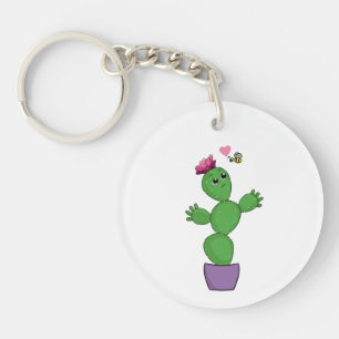 Cartoon Cactus with Flower looking worriedly at Be Key Ring