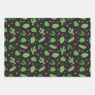 Cartoon cactus with flowers on a black background wrapping paper sheet