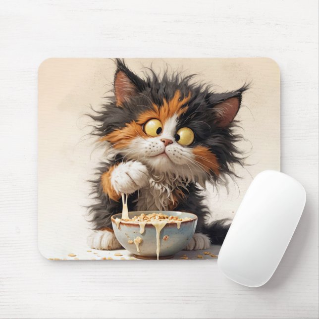 Cartoon Calico Cat Playing With Breakfast  Mouse Mat (With Mouse)