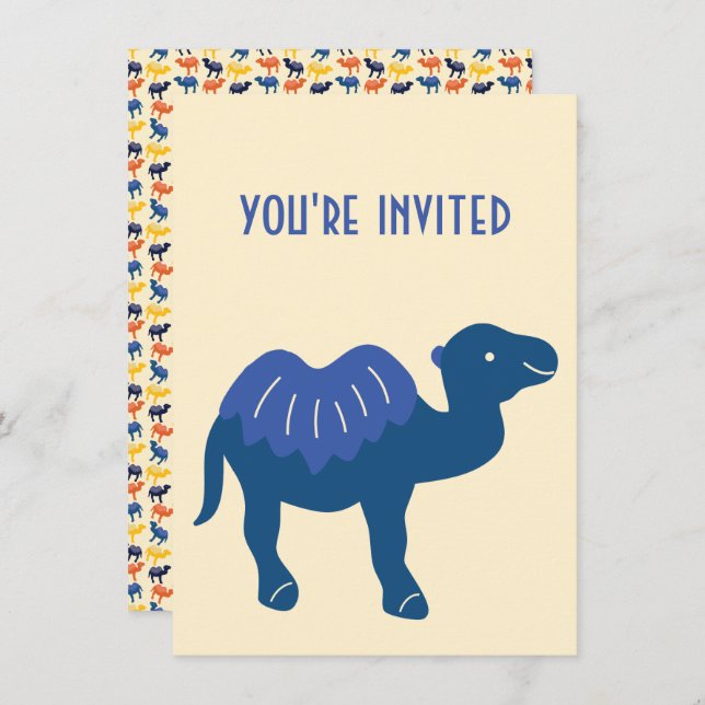 Cartoon Camel Blue Bactrian 2 Humps Custom Invitation (Front/Back)