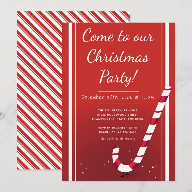 Cartoon Candy Cane | Christmas Party Invitation (Front/Back)