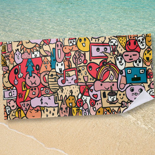 Cartoon Caracter Hand Drawn Toss Pattern Kids Beach Towel