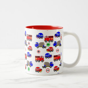 Cartoon Cars Trucks Fire Engines Cute Design Two-Tone Coffee Mug