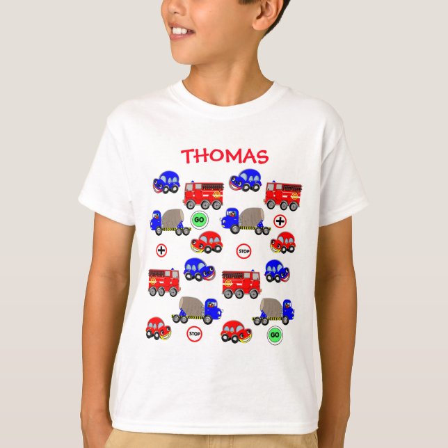 Cartoon Cars Trucks Fire Engines Cute Personalised T-Shirt (Front)