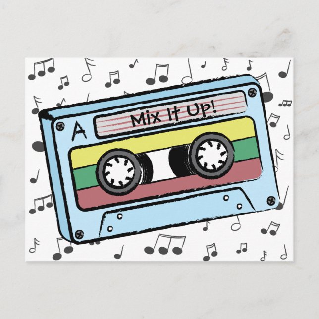 Cartoon Cassette Tape & Music Notes (Mix It Up) Postcard (Front)