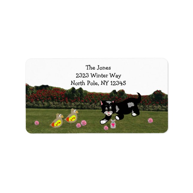 Cartoon Cat and Birds Address Label (Front)