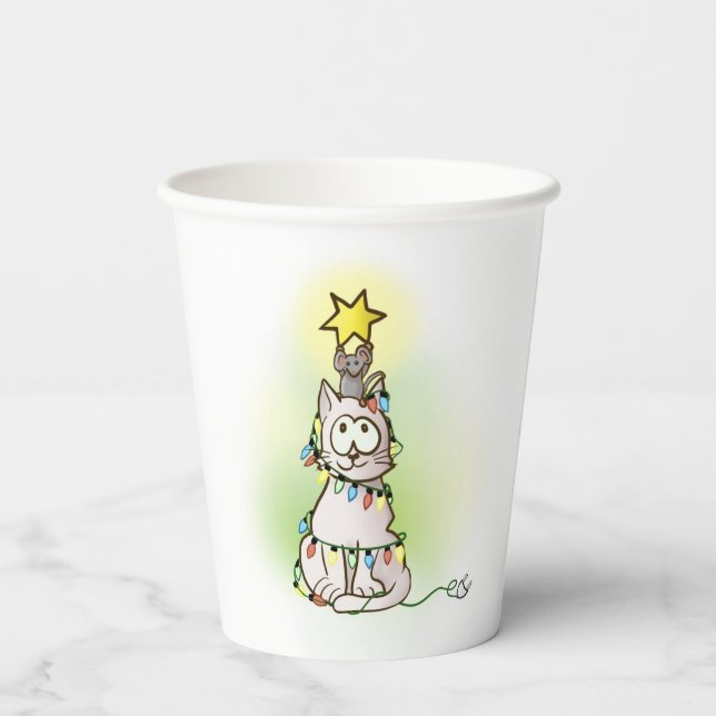 Cartoon Cat and Mouse Making a Christmas Tree Paper Cups (Back)