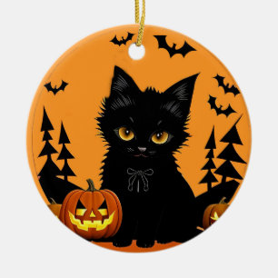 Cartoon Cat and Pumpkins Under Full Moon Ceramic Tree Decoration