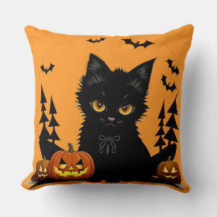 Cartoon Cat and Pumpkins Under Full Moon Cushion