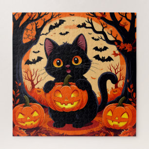 Cartoon Cat and Pumpkins Under Full Moon Jigsaw Puzzle