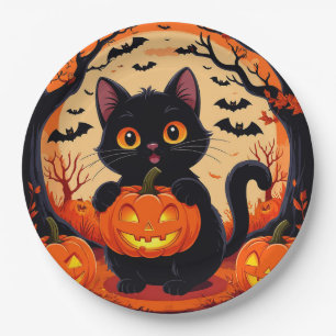 Cartoon Cat and Pumpkins Under Full Moon Paper Plate
